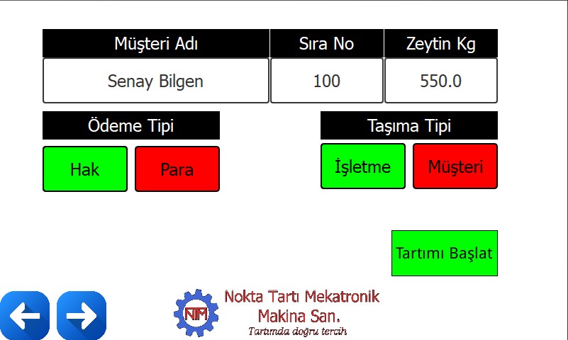 Müşteri adı sıra no zeytin kg ödeme ve taşıma tipi giriş ekranı
