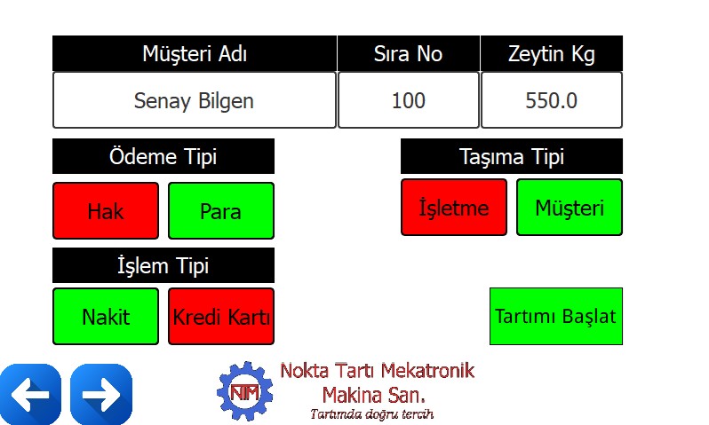 Tartımı başlat sonrası müşteri tartım ekranı